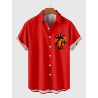 Vintage Red Coconut Tree Printing Men's Short Sleeve Shirt