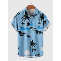 Blue Coconut Tree Print Summer Casual Men's Short Sleeve Shirt