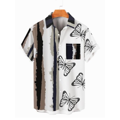 Abstract Tree Trunk and Butterfly Printed Men's Short Sleeve Shirt