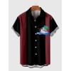 Steamboat and Coconut Tree Printing Black and Maroon Stitching Men's Short Sleeve Shirt