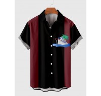 Steamboat and Coconut Tree Printing Black and Maroon Stitching Men's Short Sleeve Shirt