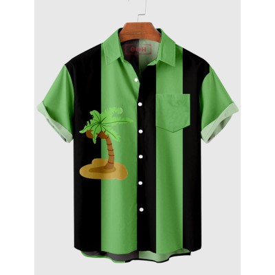 Coconut Tree Printing Black and LightGreen Stitching Men's Short Sleeve Shirt